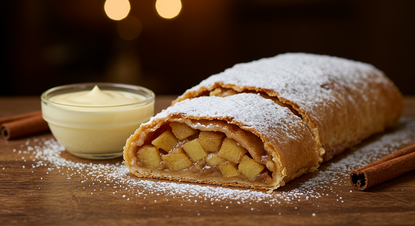 Frischer Apfelstrudel mit Staubzucker